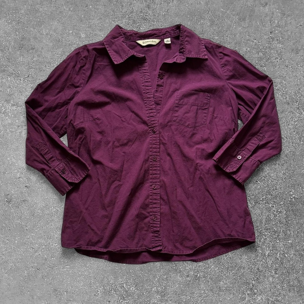 St Johns Bay Womens Purple Cotton Spandex Button Up Shirt Whimsigoth Workwear M